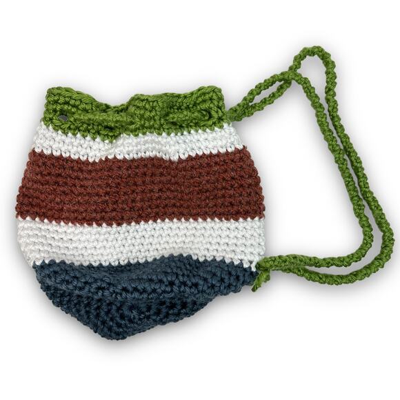 Handmade Boho Crocheted Knit Bucket Cinch Bag Colorblock Green White Maroon Blue - Picture 1 of 5